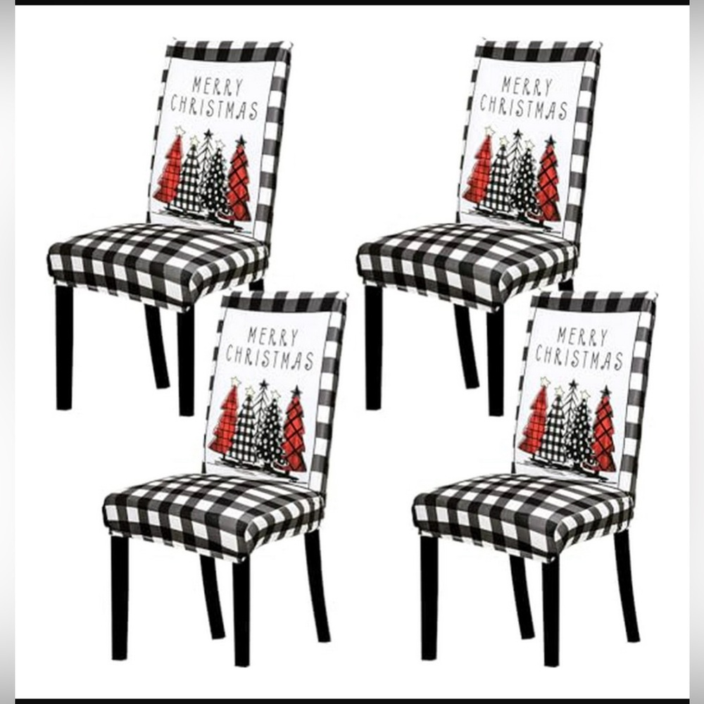 Christmas Chair protectors/slipcovers White Buffalo Plaid Trees 4pack Brand New